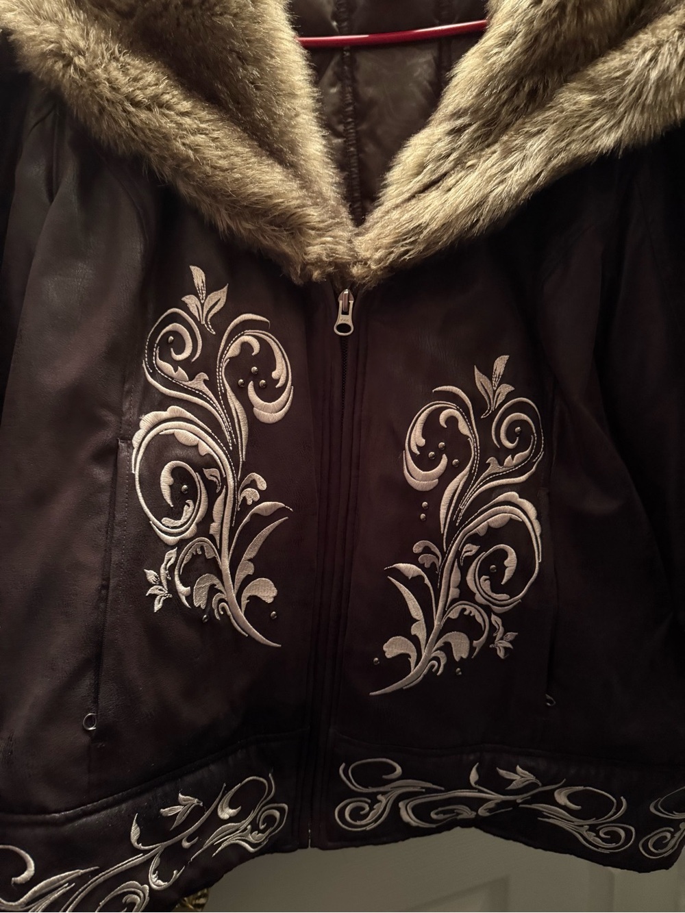 Ariat Brown Leather Jacket with Faux-Fur Collar and White Embroidery